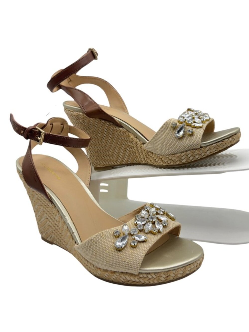 Liz Claiborne Jeweled Espadrille Wedge Sandals Brown Ankle Strap Womens 7.5M